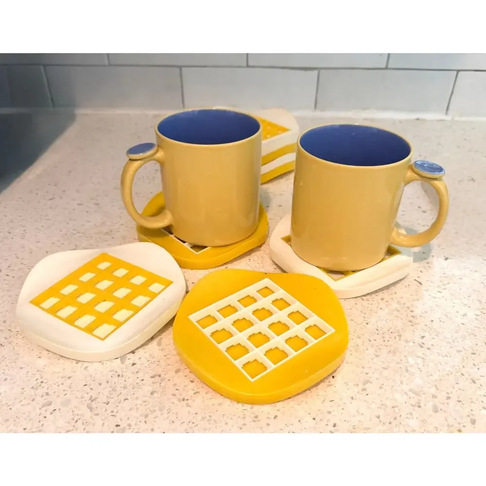 Set of 8 Vintage 1960s MCM Waffle Coasters Yellow White Plastic Retro Bar Cart